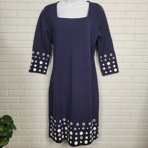Joan Vass Dress Sz L Navy Blue White Grommets Square Neck Preppy Nautical Modest